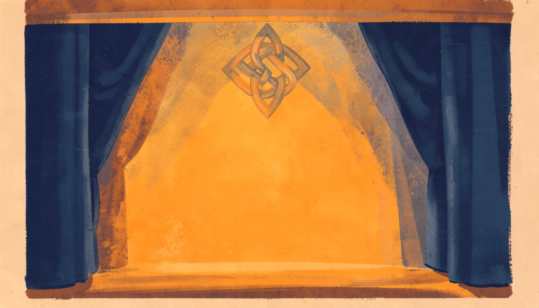 A soft gouache illustration of a stage bathed in warm amber and navy light, with a faint Celtic knot motif floating above the proscenium, painted in matte indigo, slate blue and burnt orange tones.